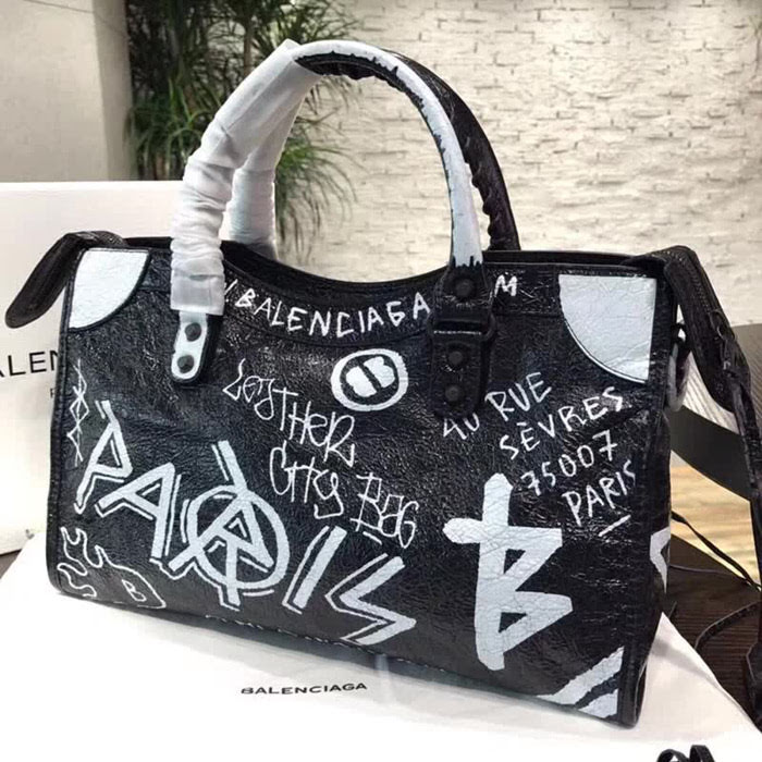 BALENCIAG巴黎世家 Balenciaga city 機車包 限量 原廠爆裂紋羊皮 塗鴉字母 手提肩背斜挎包  BL1699